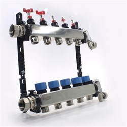 Коллектор Henco UFH-MDSS 1 х3/4 , 5вых., c клапанами, с расходомерами, сталь нерж., (компл), в сборе UFH-0605MDSS05 - фото 4496878