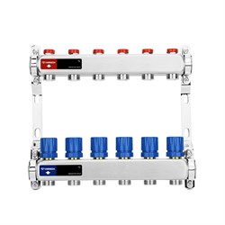 Коллектор Varmega VM155 1 х3/4 , 6вых., c вентилями, сталь нерж., синий VM15506 - фото 4497047