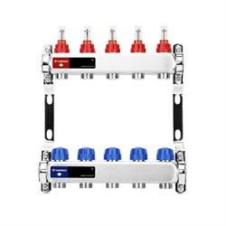 Коллектор Varmega VM151 1 х3/4 , 5вых., c вентилями, с расходомерами, сталь нерж., синий VM15105 - фото 4497062