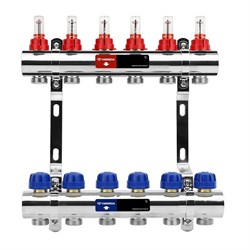 Коллектор Varmega VM154 1 х3/4 , 6вых., c вентилями, с расходомерами, латунь никелир., синий VM15406 - фото 4497073