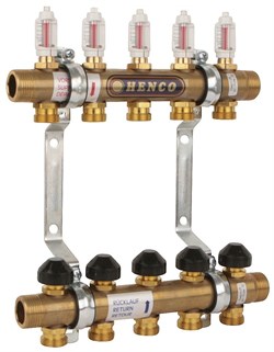 Коллектор Henco UFH 060505-MD 1 х3/4 , 5вых., c клапанами, с расходомерами, латунь, (компл) UFH-060505-MD - фото 4497195