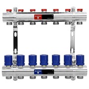 Коллектор Varmega VM158 1 х3/4 , 7вых., c вентилями, латунь никелир., синий VM15807