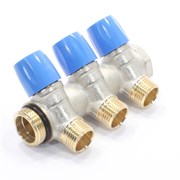 Коллектор General Fittings 6200 3/4 х1/2 , 3вых., c вентилями, латунь никелир., синий 6200E7N0504B3A